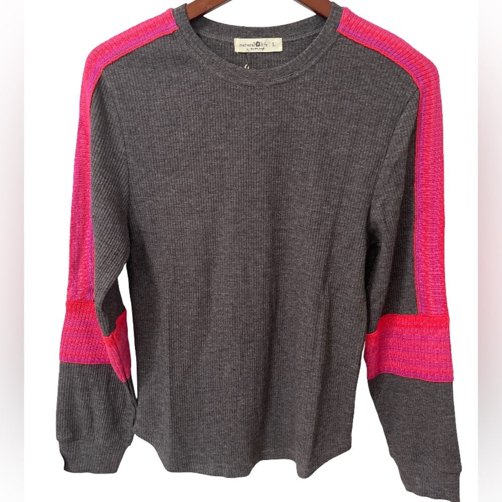Natural Life Womens Large Charcoal Pink Long Sleeve Sweater NWT
